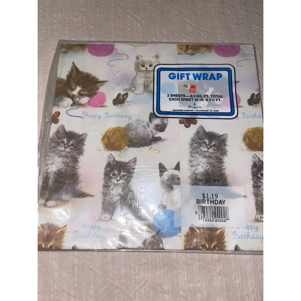 VTG wrapping paper Happy Birthday kittens 2 sheets new